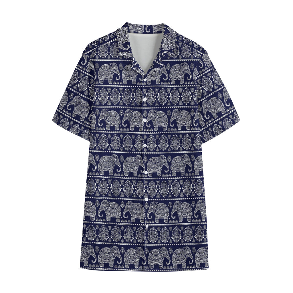 White And Blue Indian Elephant Print Cotton Hawaiian Shirt