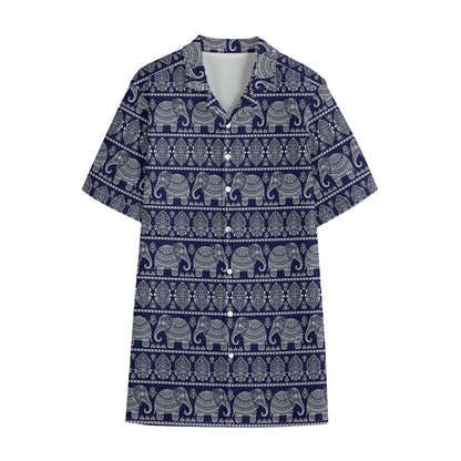 White And Blue Indian Elephant Print Cotton Hawaiian Shirt