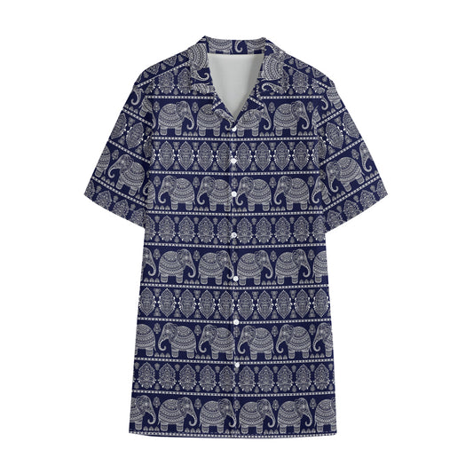 White And Blue Indian Elephant Print Cotton Hawaiian Shirt
