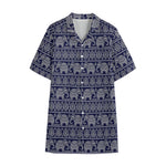 White And Blue Indian Elephant Print Cotton Hawaiian Shirt