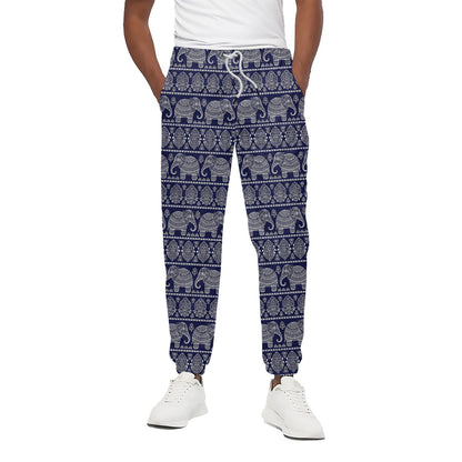 White And Blue Indian Elephant Print Cotton Pants
