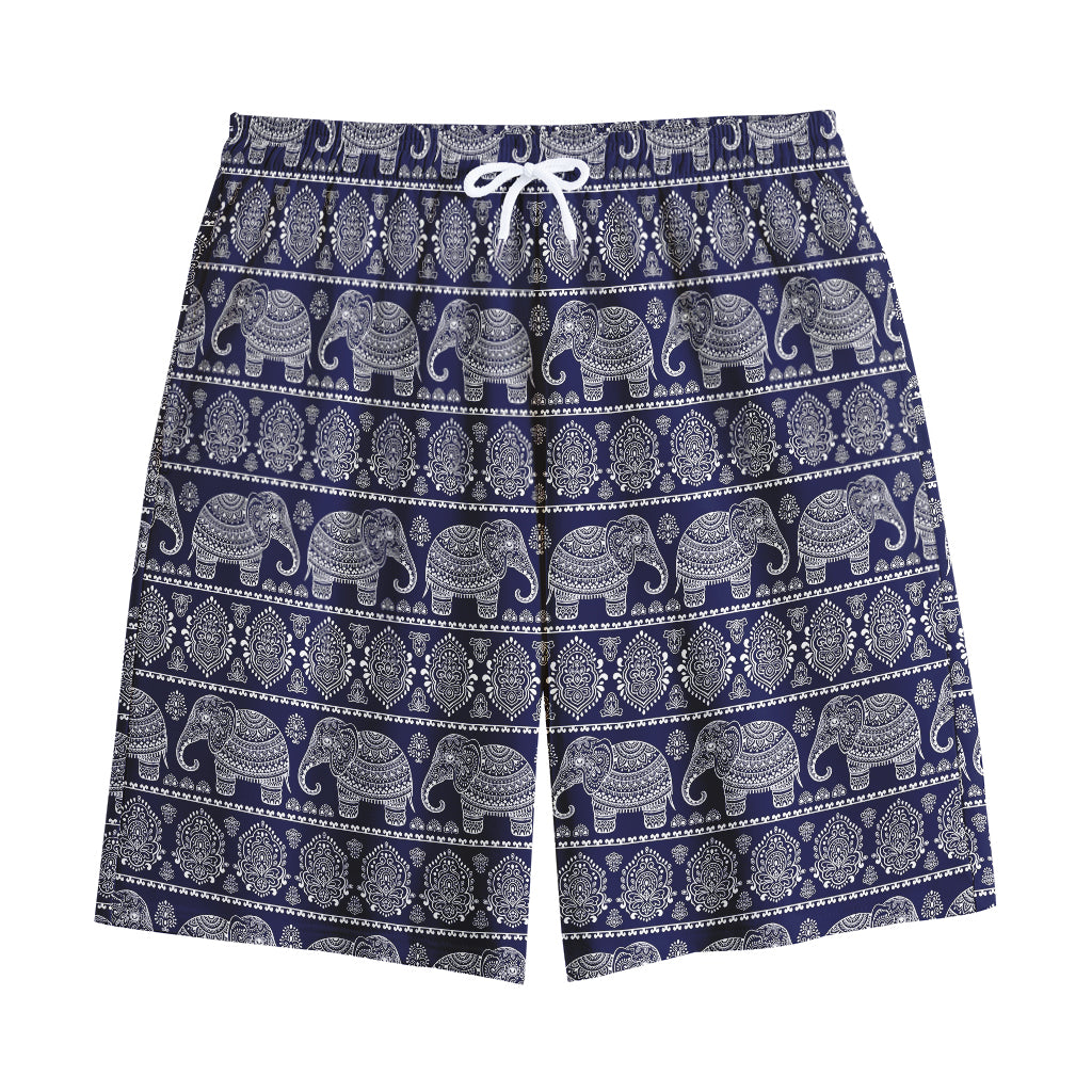 White And Blue Indian Elephant Print Cotton Shorts