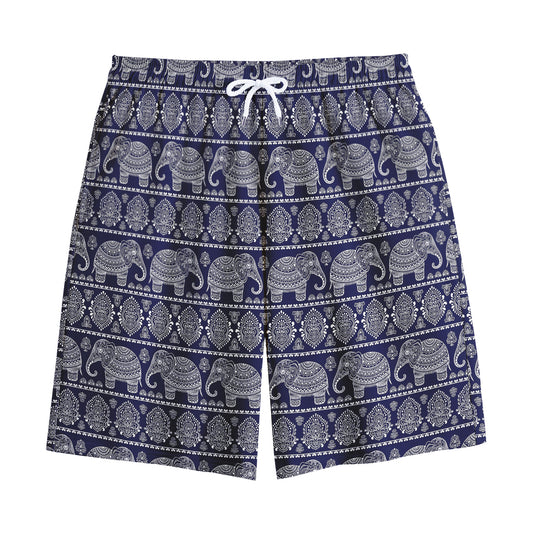 White And Blue Indian Elephant Print Cotton Shorts