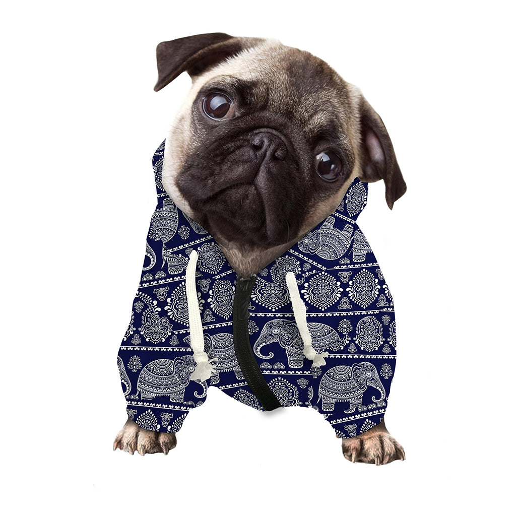White And Blue Indian Elephant Print Dog Zip Up Hoodie