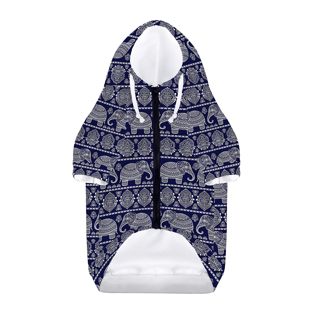 White And Blue Indian Elephant Print Dog Zip Up Hoodie
