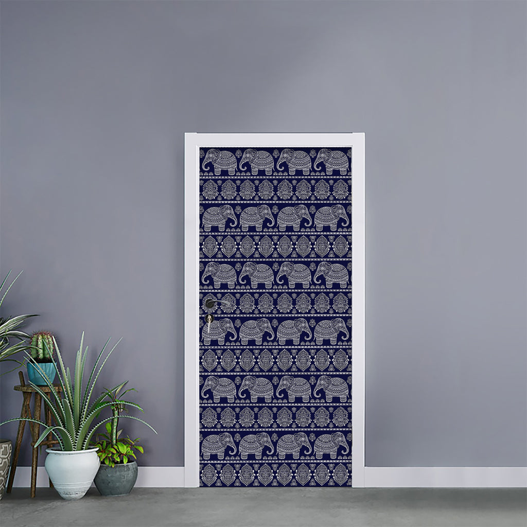 White And Blue Indian Elephant Print Door Sticker