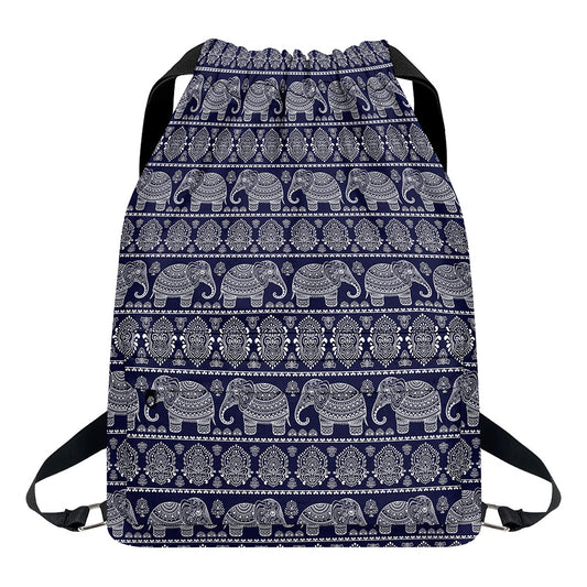 White And Blue Indian Elephant Print Drawstring Backpack