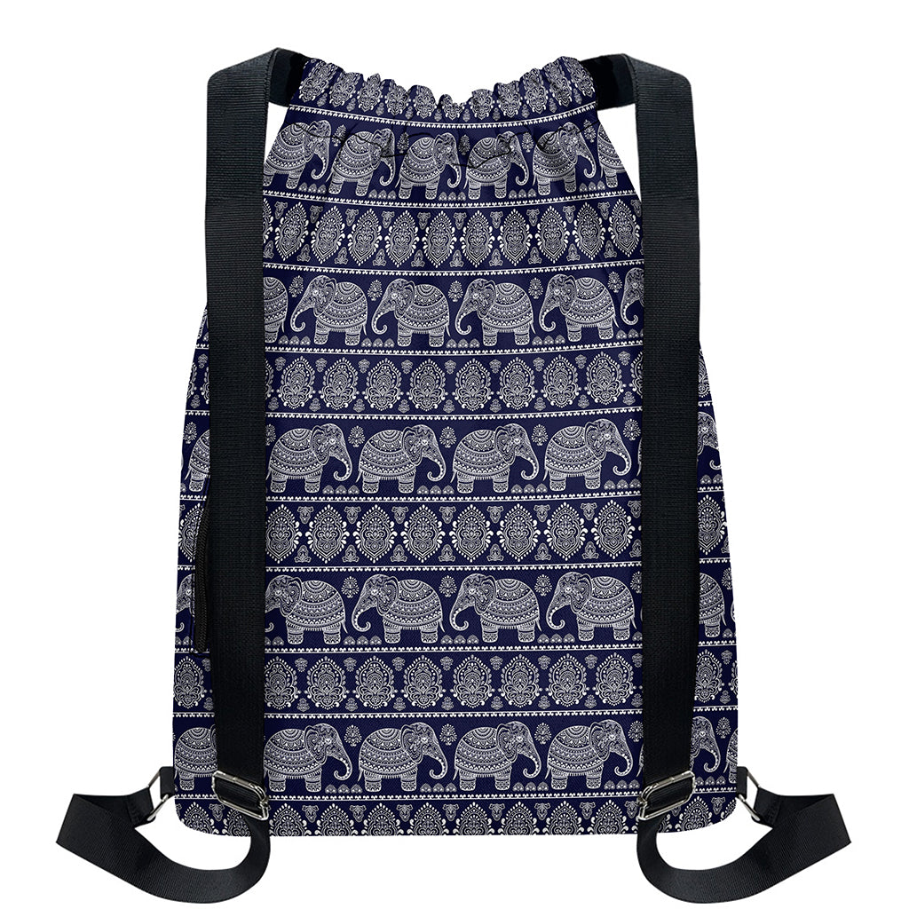 White And Blue Indian Elephant Print Drawstring Backpack
