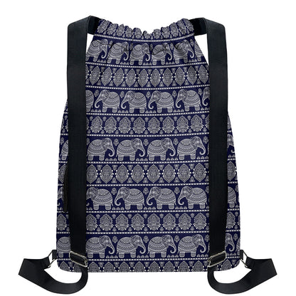 White And Blue Indian Elephant Print Drawstring Backpack