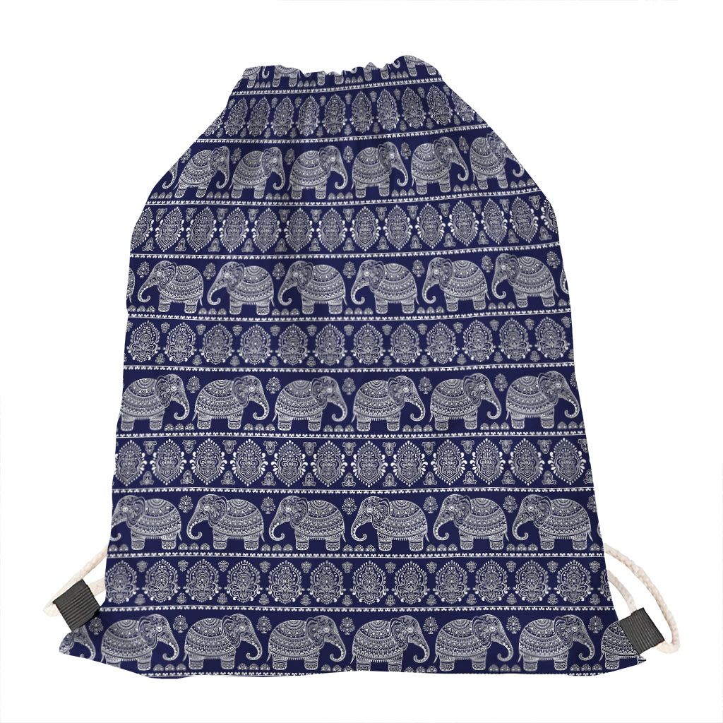 White And Blue Indian Elephant Print Drawstring Bag