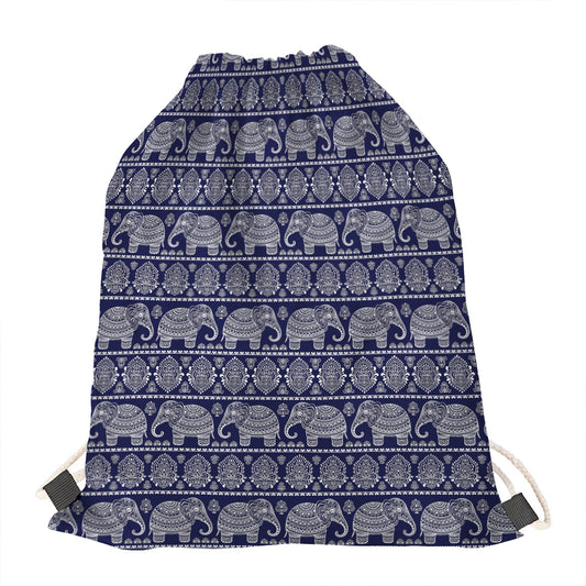White And Blue Indian Elephant Print Drawstring Bag
