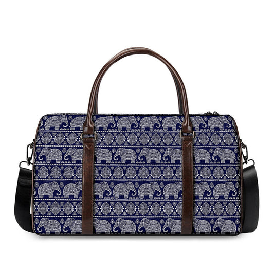 White And Blue Indian Elephant Print Duffle Bag