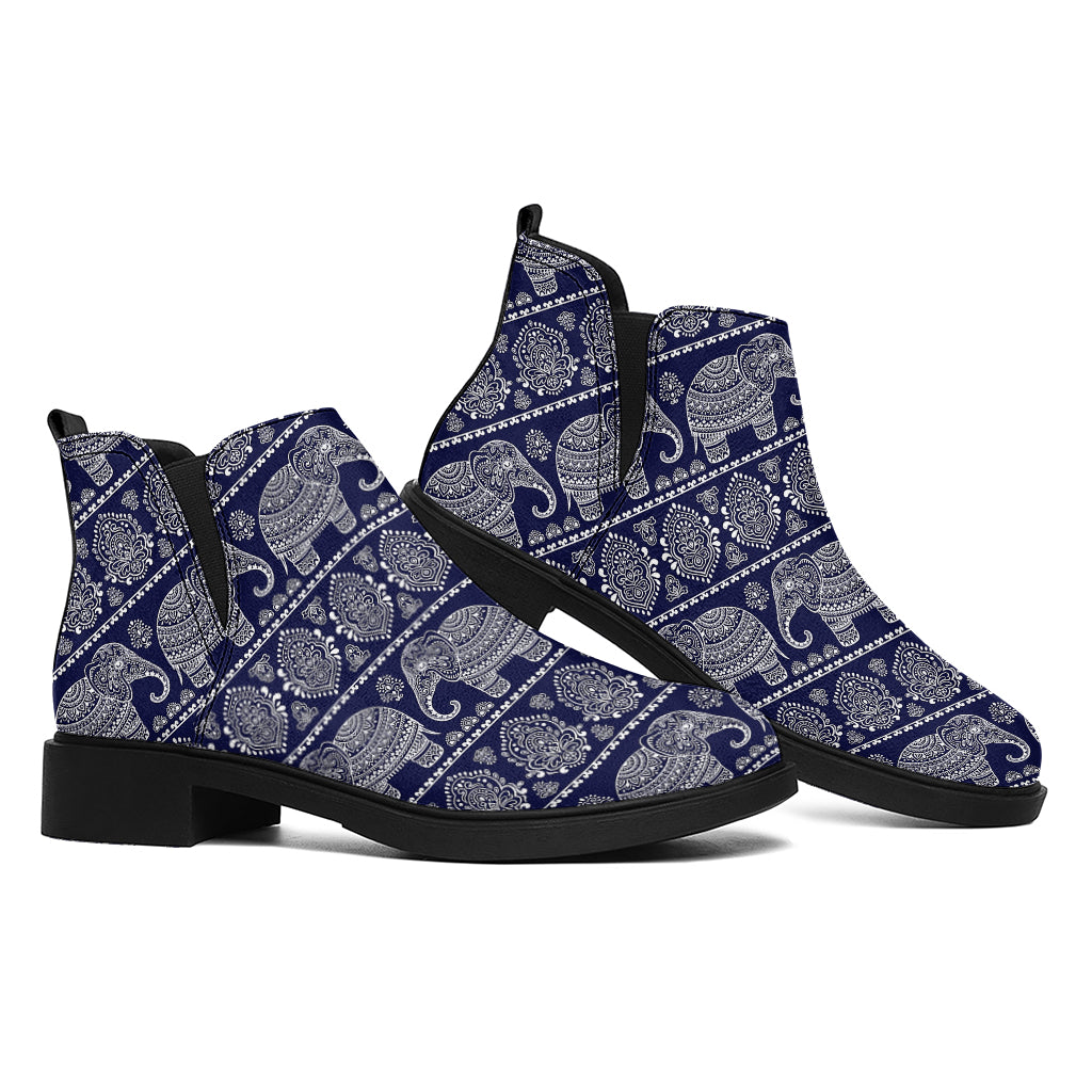White And Blue Indian Elephant Print Flat Ankle Boots