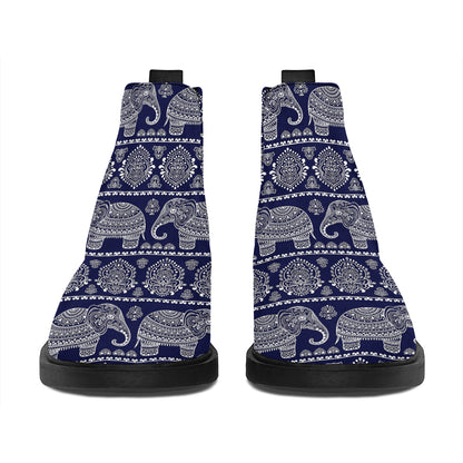 White And Blue Indian Elephant Print Flat Ankle Boots