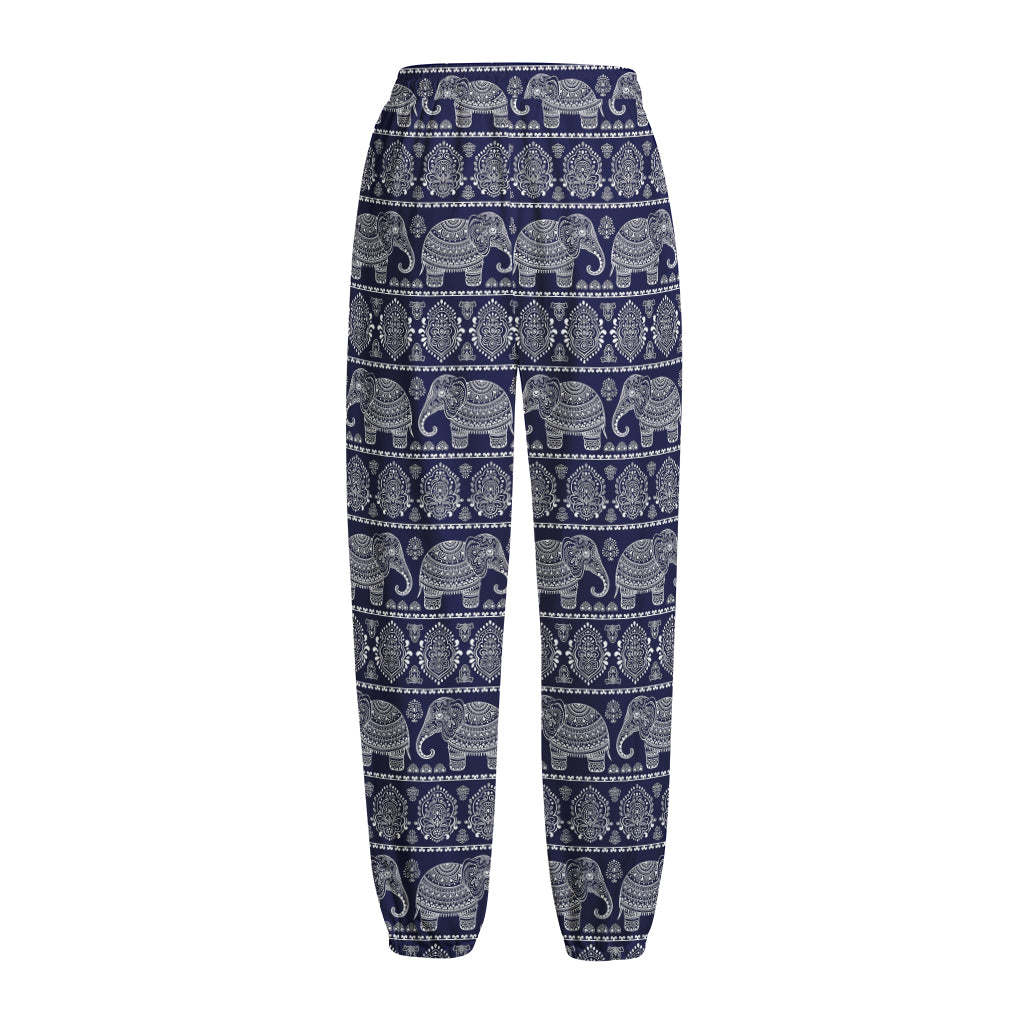 White And Blue Indian Elephant Print Fleece Lined Knit Pants