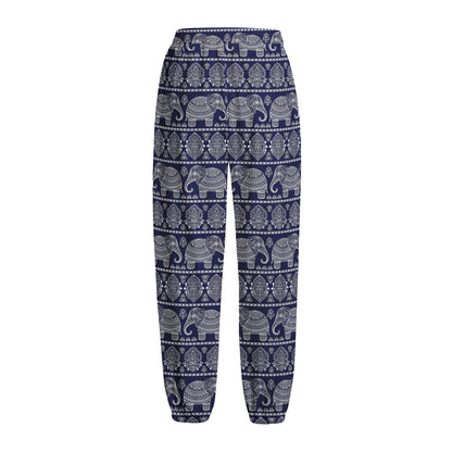 White And Blue Indian Elephant Print Fleece Lined Knit Pants