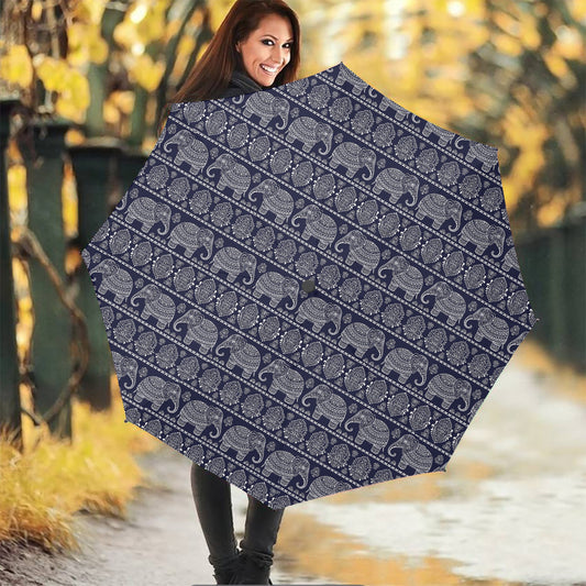 White And Blue Indian Elephant Print Foldable Umbrella