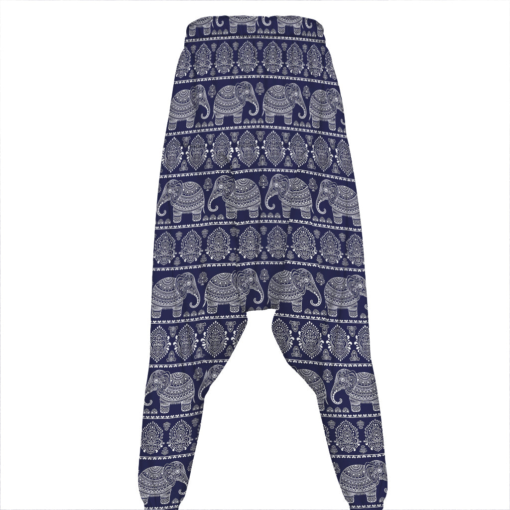 White And Blue Indian Elephant Print Hammer Pants