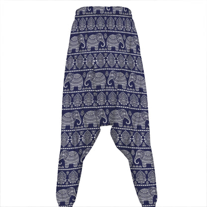 White And Blue Indian Elephant Print Hammer Pants