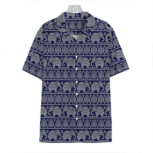 White And Blue Indian Elephant Print Hawaiian Shirt