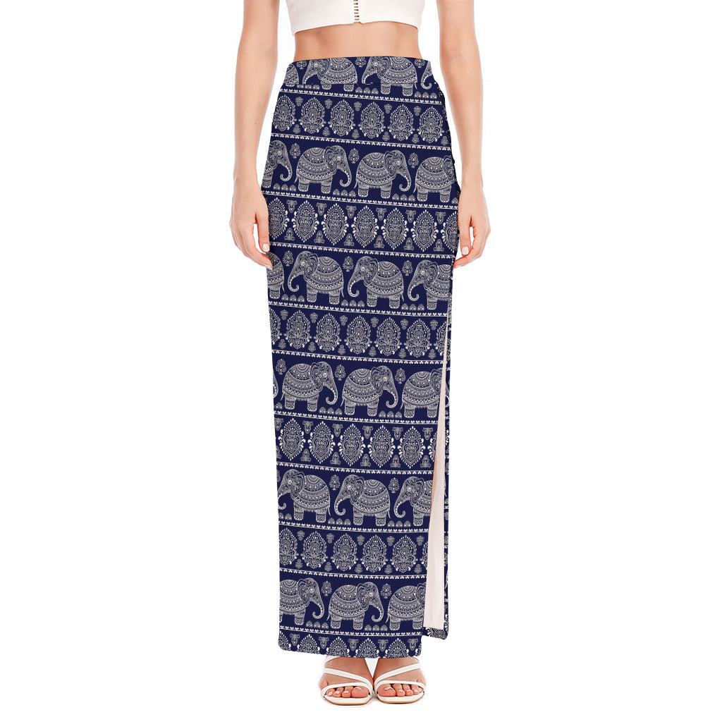 White And Blue Indian Elephant Print High Slit Maxi Skirt