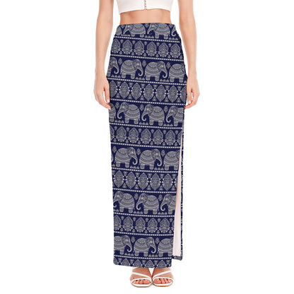 White And Blue Indian Elephant Print High Slit Maxi Skirt