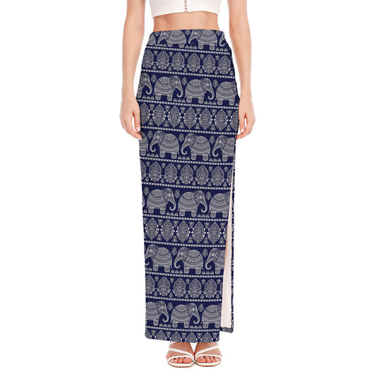White And Blue Indian Elephant Print High Slit Maxi Skirt