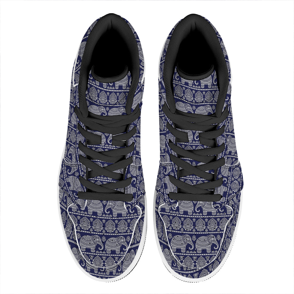 White And Blue Indian Elephant Print High Top Leather Sneakers