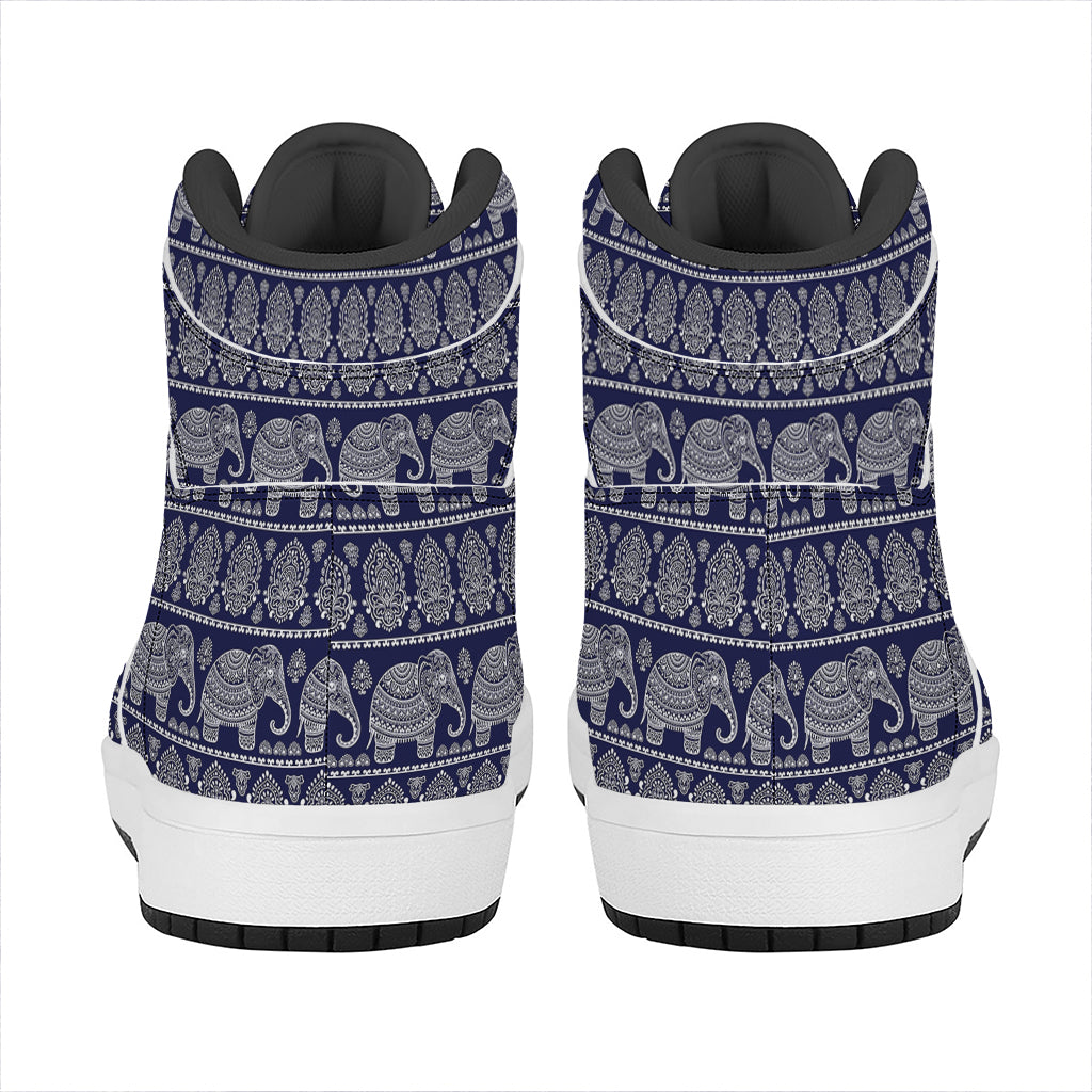 White And Blue Indian Elephant Print High Top Leather Sneakers