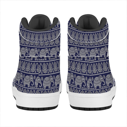 White And Blue Indian Elephant Print High Top Leather Sneakers