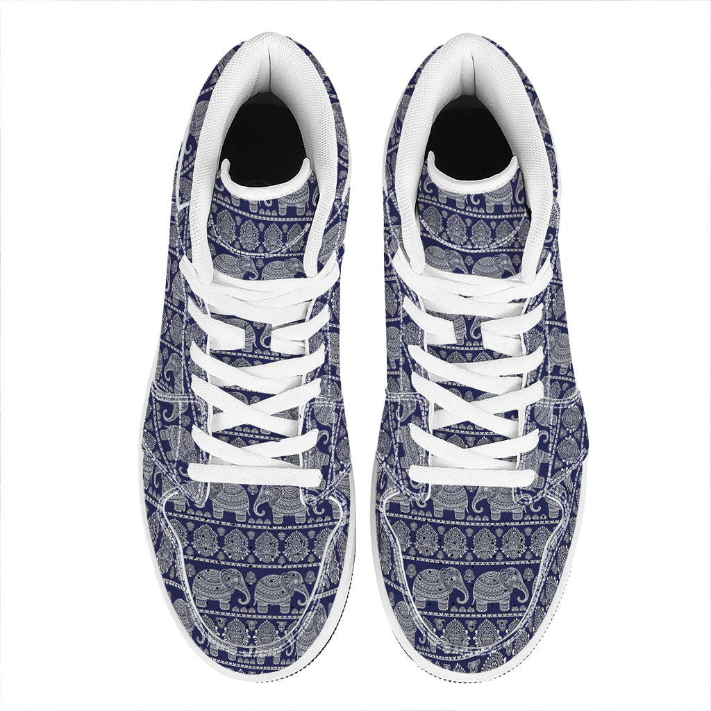 White And Blue Indian Elephant Print High Top Leather Sneakers