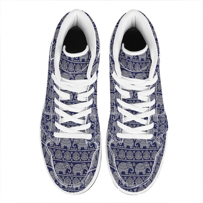 White And Blue Indian Elephant Print High Top Leather Sneakers