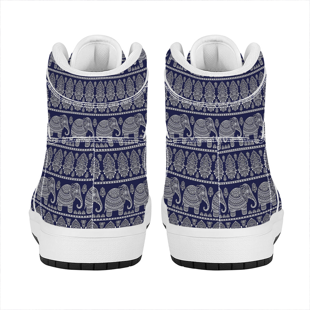 White And Blue Indian Elephant Print High Top Leather Sneakers