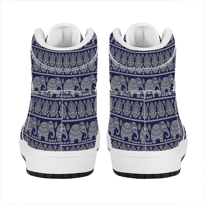 White And Blue Indian Elephant Print High Top Leather Sneakers