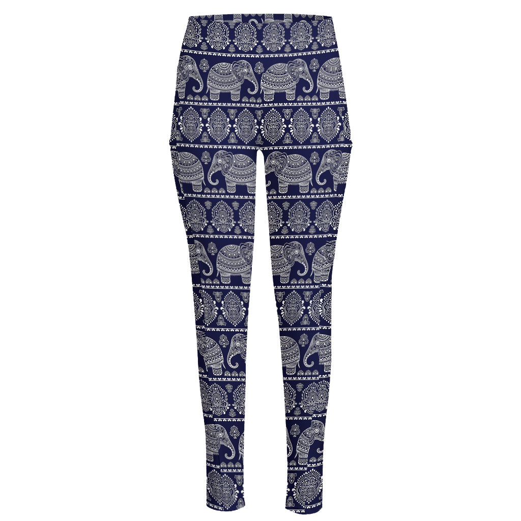 White And Blue Indian Elephant Print High-Waisted Pocket Leggings