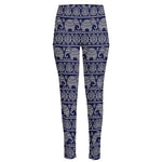 White And Blue Indian Elephant Print High-Waisted Pocket Leggings