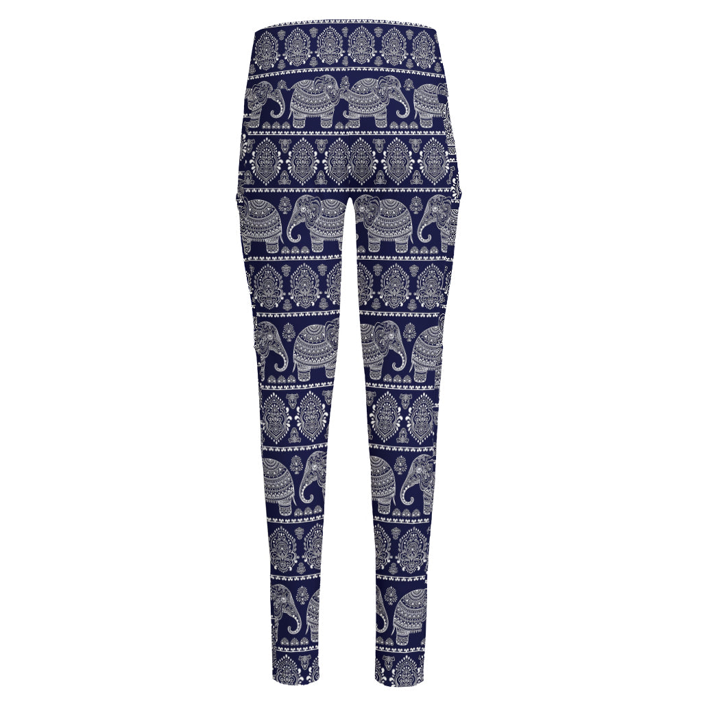 White And Blue Indian Elephant Print High-Waisted Pocket Leggings