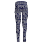 White And Blue Indian Elephant Print High-Waisted Pocket Leggings