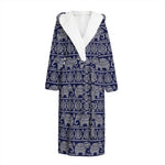 White And Blue Indian Elephant Print Hooded Bathrobe