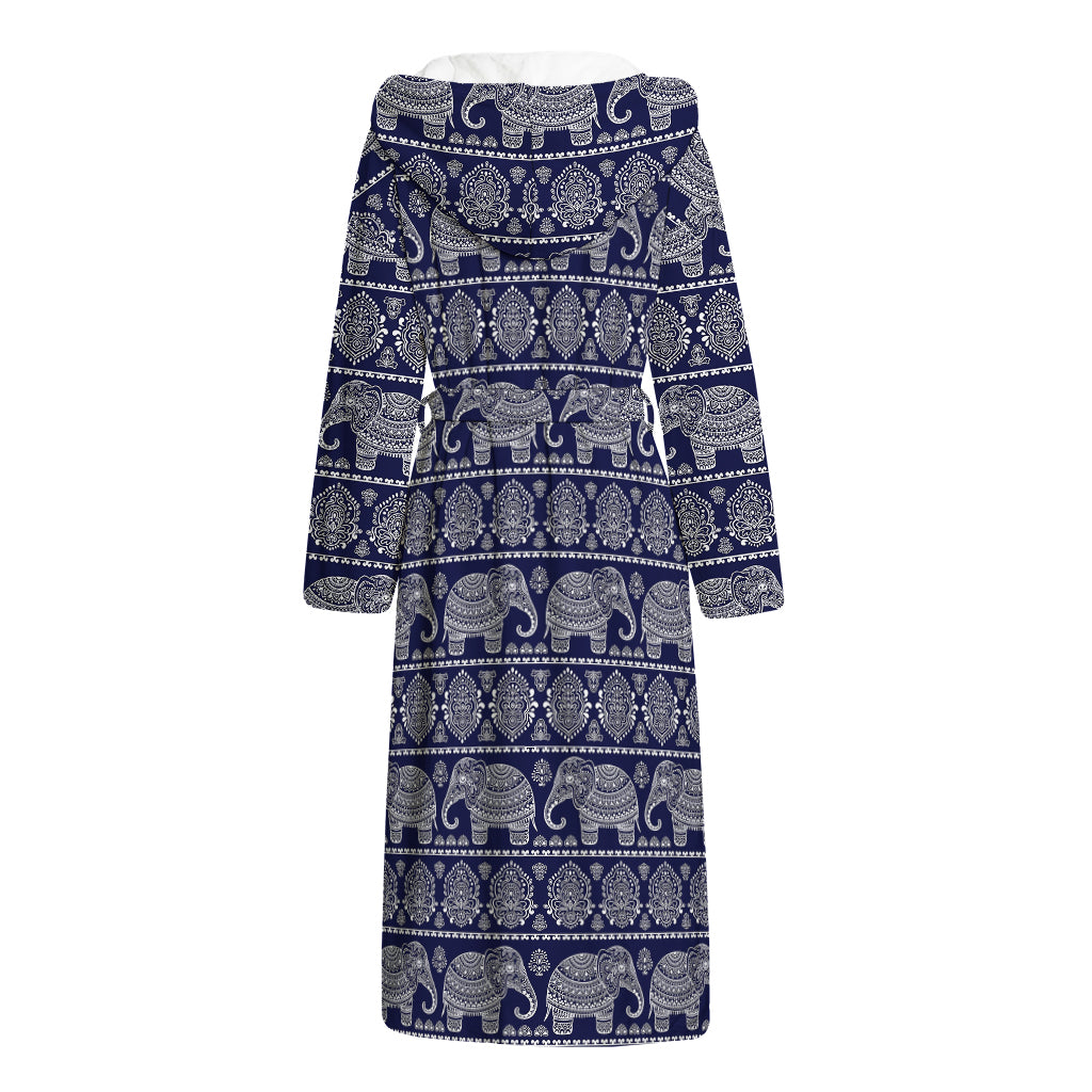 White And Blue Indian Elephant Print Hooded Bathrobe