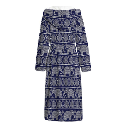 White And Blue Indian Elephant Print Hooded Bathrobe