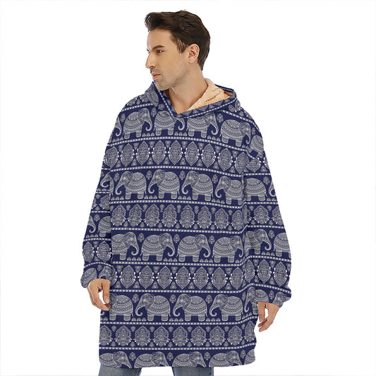 White And Blue Indian Elephant Print Hoodie Blanket
