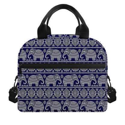 White And Blue Indian Elephant Print Insulated Lunch Bag