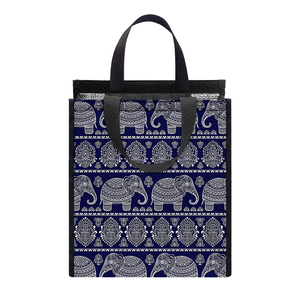 White And Blue Indian Elephant Print Insulated Lunch Tote