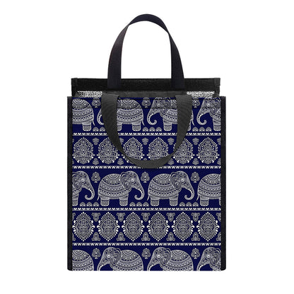 White And Blue Indian Elephant Print Insulated Lunch Tote