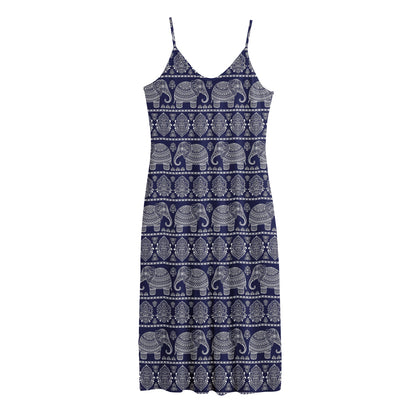 White And Blue Indian Elephant Print Jersey Midi Cami Dress