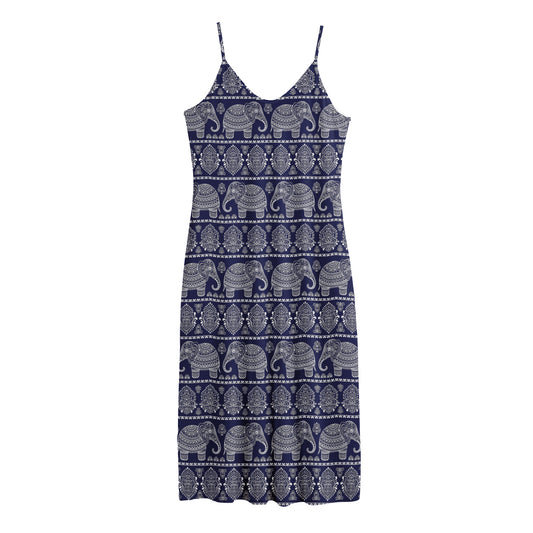 White And Blue Indian Elephant Print Jersey Midi Cami Dress