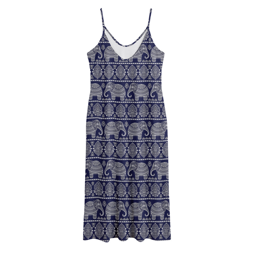 White And Blue Indian Elephant Print Jersey Midi Cami Dress