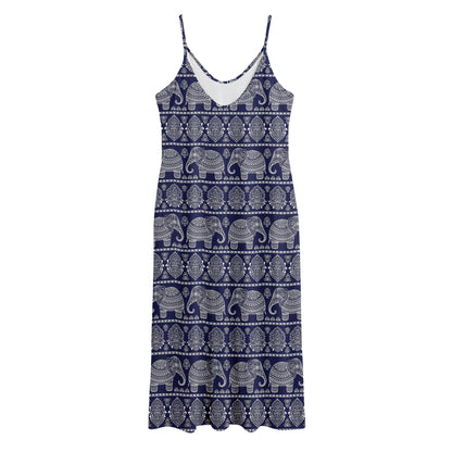 White And Blue Indian Elephant Print Jersey Midi Cami Dress