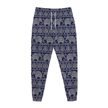 White And Blue Indian Elephant Print Jogger Pants